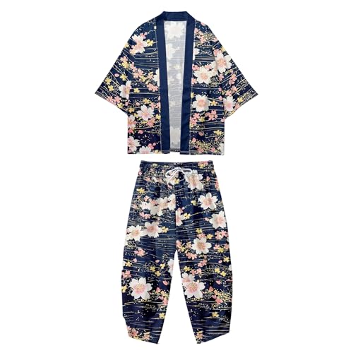 Image of DOSLAVIDA Men's Japanese Kimono Jacket Set Stylish Open Front Coat With Shorts Chinese Style Printed Cardigan Suit