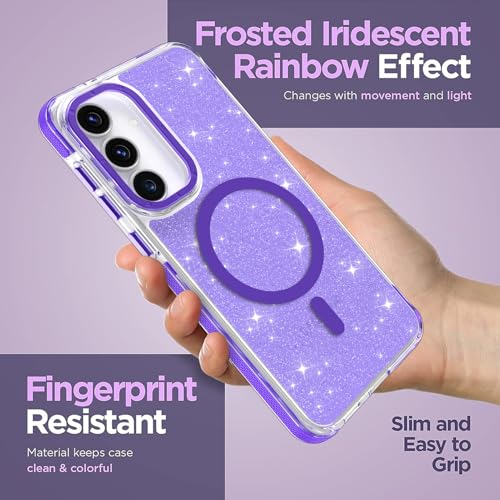 Image of Magnetic Case for Samsung Galaxy S25 FE 5G [Compatible with Magsafe] [Bling Glitter Fluorescent Design] [1 Screen Protector] Slim Translucent Matte Case for Galaxy S25 FE 5G 6.7 inch, Purple