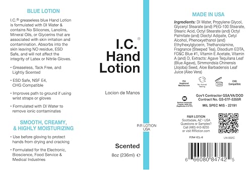 Image of I.C. Lotion Lightly Fragranced Greaseless and Hypoallergenic Contains No Silicone, Lanolin, Glycerin or Mineral Oil. Antistatic, Glove Safe. NSF E4. 8oz ESD Bottle (ICL-8-ESD)