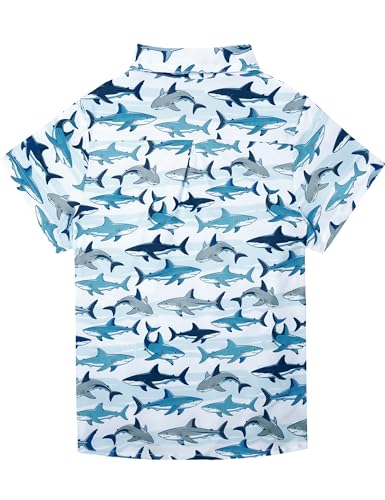 Image of Boys Hawaiian Shirt Kids Button Down Aloha Beach Hawaii Tops 5-14Y | Quick Dry, Breathable, Cooling & Lightweight, For Summer Vacation Holiday, Fourth of July, Youth, Teen, Shark, Dinosaur