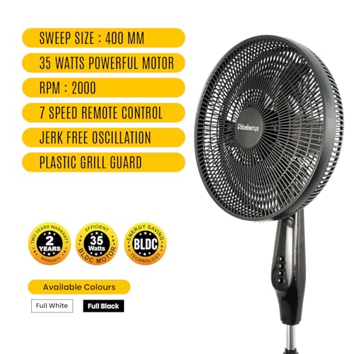 Image of Blueberry's LEE 35-Watts 400-mm BLDC Pedestal Staing Fan,7-Speed Remote with Oscillation,Timer, Sleep,Ideal for Home & Office 2-Year Warranty (Midnight Black) (Eco)