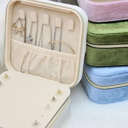 Cuifdem Travel Jewelry Organizer Small Jewelry Box With Mirror, Velvet Jewelry Travel Case for Women, Mini Jewelry Box for Girls Necklace Ring Earrings (Beige) - image 7