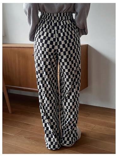 OYOANGLE Women's Plaid Print Elastic High Waisted Wide Leg Long Pants Y2k Baggy Trousers with Pockets2