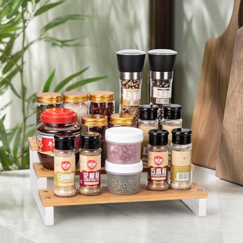 Image of 3 Tier Wooden Spice Rack for Kitchen Countertop -Step Shelf Organizer for Spices, Jars & Condiments | Metal Frame Wood Shelf For Counter Storage - Walnut (35 x 24 x 15 cm)
