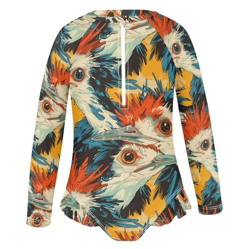 Bold Colorful Secretary Birds Girls Rash Guard Swimsuits Long Sleeve One Pieces Bathing Suit UPF 50+ Zipper Swimwear2