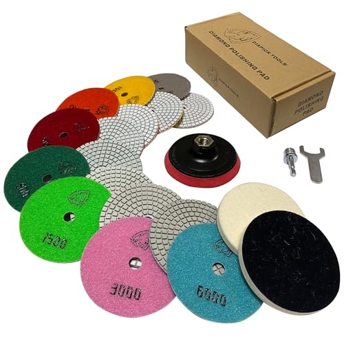 Image of Diamond Polishing Pads 4 Inch Wet Dry Set 13 Pieces for Concrete Marble Quartz Stone Countertop Granite Polishing and Sanding disc Include 5 /8 inch-11thread Backer pad and Drill Adapter