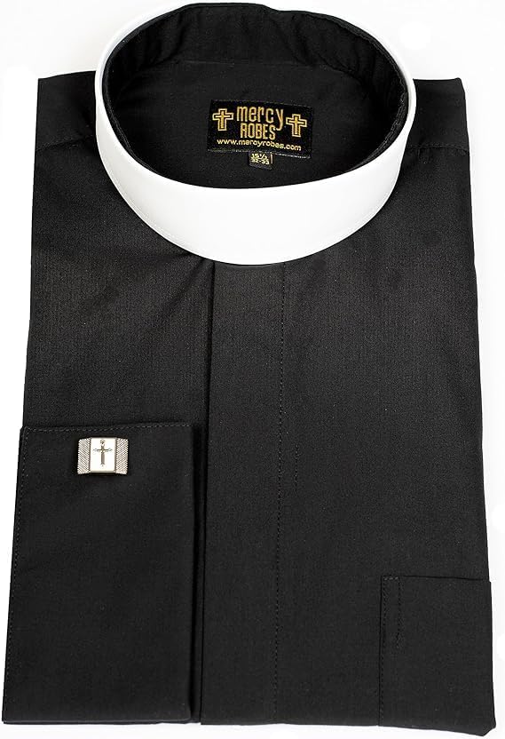 Mens Long Sleeve French Cuff Roman Pontiff Full Collar Shirt (Black)