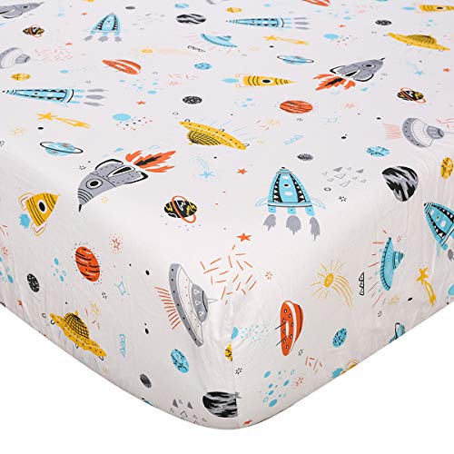 Image of Astronaut Space Galaxy Baby Crib Sheet Outerspace Adventures 100% Soft Breathable Microfiber Baby Sheet Fits Standard Size Crib Mattress 28in x 52in Nursery Sheet -by UOMNY