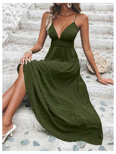 Image of Milumia Women's Summer V Neck Backless Maxi Dress Boho Spaghetti Strap A Line Flowy Beach Long Sundress