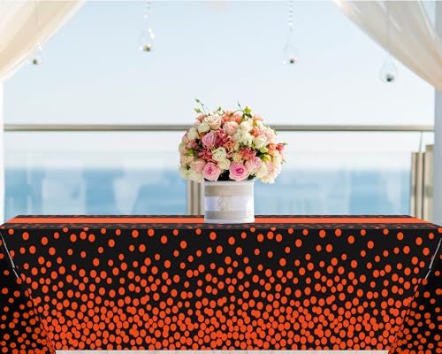 Image of Oudain 6 Pcs Black and Orange Plastic Tablecloth for Parties, Disposable Orange Polka Dot Tablecloths, Waterproof Rectangle Table Cover for Graduation Birthday Wedding Party Decorations, 54 inch x 108 inch