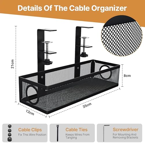 Image of Livzing Adjustable Under Desk Cable Organizer Rack - Metal Mesh Clamp-On Cable Organizer & Power Strip Holder for Home Office, Computer Desks - Office Cable & Wire Organizer Tray (Black, 35 cm)