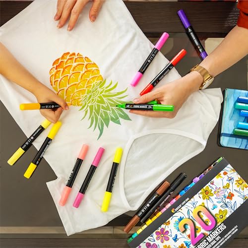 Image of Zenacolor 20 Fabric Markers with Dual Tips - Vibrant Colors Fabric Markers Permanent for Clothes - Fine and Chisel Point Fabric Paint