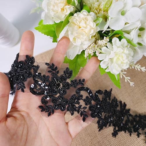 2yard Embroidered Lace Trim with Sequins and Beads,Floral Lace Appliqué Ribbon for Wedding Dresses, Gowns, Headpieces, DIY Sewing Crafts (Pattern E) by VIRFONOR - Used condition - Image 2
