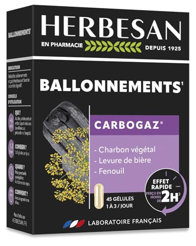 HERBESAN®-CARBOGAZ - Ballonements - Charbon végétal, Levure de Bière, Fenouil - Fabrication française - 45 gélules