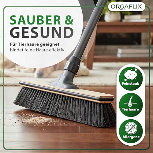 ORGAFLIX Premium Besen mit Stiel 40 cm, Kehrbesen mit Kantenschutz für Haus und Küche, Besenkopf mit Qualitätsmischung, Universal-Gewinde 24-28mm, Zimmerbesen Made in Germany, Besenstiel Made in Italy