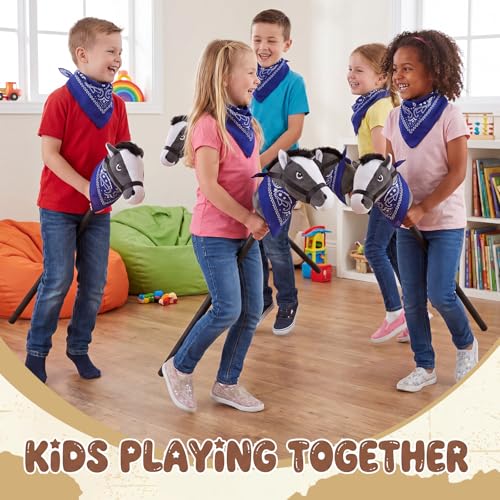 Image of Poen 4 Pack Light Brown Horse Stick with Sound Red Bandana Set 27.6'' Toys Stick Horse Western Cowboy Bandana Head with Neighing Sound for Boys Girls Fun Pretend Games Son Daughter (Black and Blue)