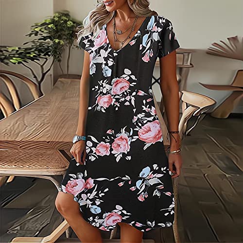 Vestido feminino para o dia das mães verão estampa floral manga curta casual vestido camiseta preto