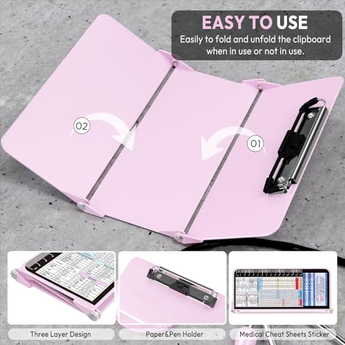 Image of Nursing Clipboard Foldable, Foldable Clip Board w /Nursing Edition Medical Charts,3 Layers Aluminum, Nurse Note w /Low Profile Clip&Pen Clip for Students, Nurses and Doctors, Baby Pink