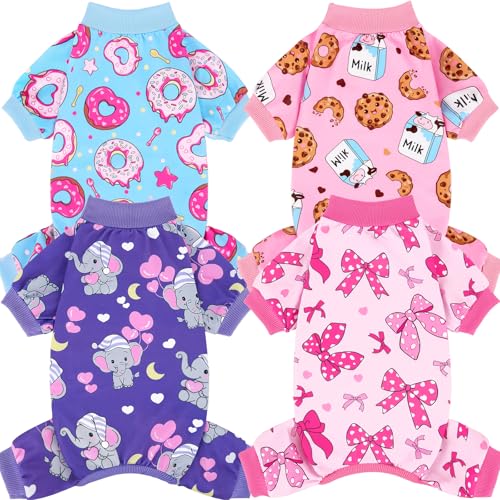XPUDAC 4 Pieces Dog Pajamas Soft Strechy Puppy Onesies Pet Clothes for Small Medium Dogs Boy Girl Cat Pet Outfit, 153-S