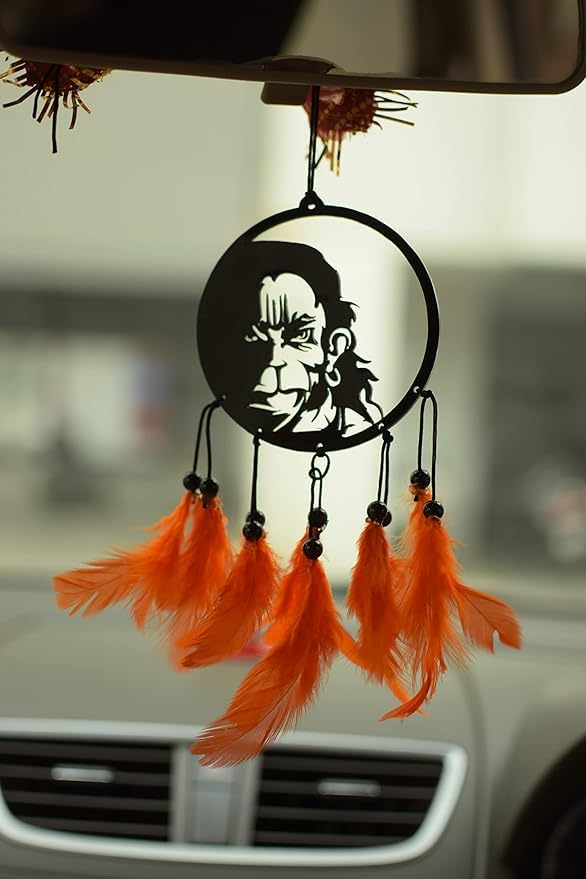 Giftlab Attractive Dream Catcher Car Hanging of Lord Hanuman with Orange Feather Theme/Origional Feather/Car Hanging Decor/Pack of 1-image-36