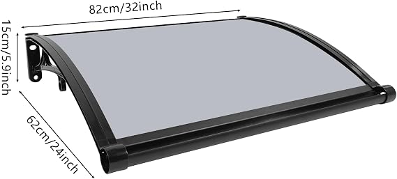 Window Awning Door Canopy Polycarbonate Cover with Bracket Front Door Outdoor Roof Rain Shelter Awning Canopy UV Snow Sunlight Protection Overhead Overhang Curved Sheet (Black+Gray, 32 * 24 inch)