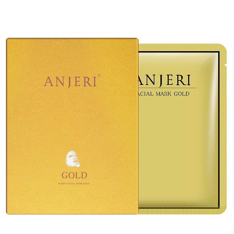 1 BOX NEW Anjeri Gold Facial Mask Moisturizing Silk Silver Facial Mask, Deep Hydrates Soothes Skin & Improve Fine Lines, Nourishing & Firming Facial Mask, 35 ml* 10 Piece (Golden)