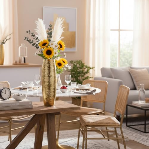 Image of RIZIK STORE Hammered Gold Metal Floor Flower Pot /Vase - 24.2 Inch Tall Round Decorative Vase for Living Room, Modern Minimalist for Dried Flowers, Antique Home Decor Accent (Gold)