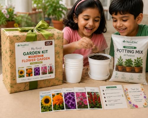 Kids Gardening Educational Kit Gift Box | Grow Your Own Flowers | Includes 5 Pots, Potting Soil and 5 Flower Seed Varieties | Gift Wrapped Gardening Kit.