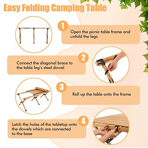 Giantex Folding Picnic Table, Roll-Up Bamboo Tabletop, Portable Camping Table W/Carry Bag, Indoor Outdoor Table For Patio Garden Beach Yard, Easy Assembly (Natural) #TOP4