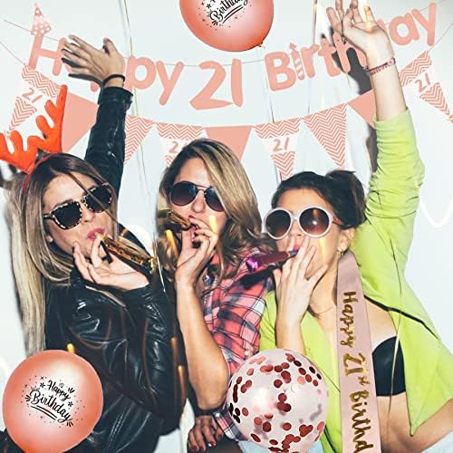 21st Birthday Decorations, 24PCS Rose Gold Party Decorations Happy Birthday Balloons, Happy Birthday Banner Triangle Flag Birthday Sash Cake Topper, Perfect Birthday Decoration for Women
