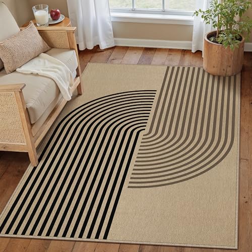 4x6 Checkered Easy Jute Area Rug for Living Room Checkerboard Washable Indoor Outdoor Carpet Farmhouse Patio Office Mat Textured Diamond Non Slip Black Carpet for Dorm Backyard Dining Room 4
