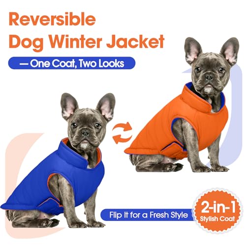 QBLEEV Reversible Dog Coat for Medium Dogs, Waterproof Windproof Winter Jacket Keeps Dogs Warm in Snow, Adjustable Hook & Loop Lightweight Dog Puffer Vest, Orange, L – Fits French Bulldog - Image 3