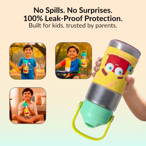 Image of Rabitat Insulated Water Bottle Stainless Steel Kids 410ml | 20 Hours Hot & Cold | School Bottle for Boys & Girls | Leakproof, BPA Free, Food Grade SS304 | 2 Year Warranty | Spunky