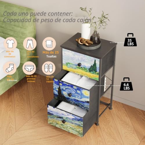 Miniatura 5 de Cómoda con 3 cajones de tela Van Gogh para tocador, armario de almacenamiento para dormitorio, armario industrial pasillo, salón, habitación infantil