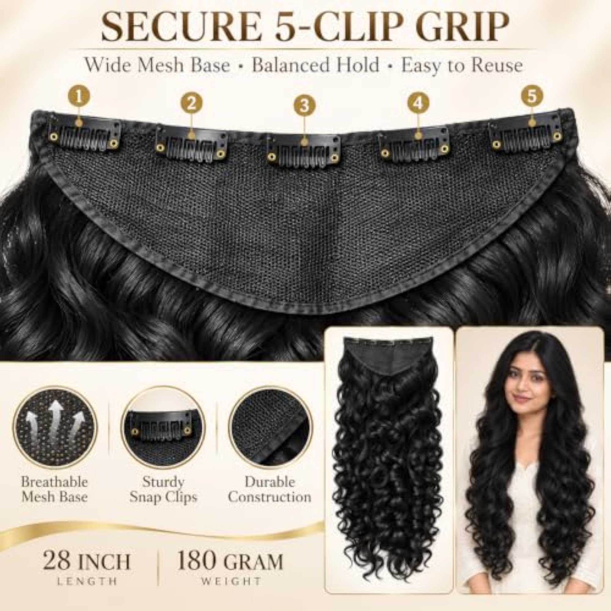 5-Clip Curly/Wavy Hair Extensions for Women, Instant Volume