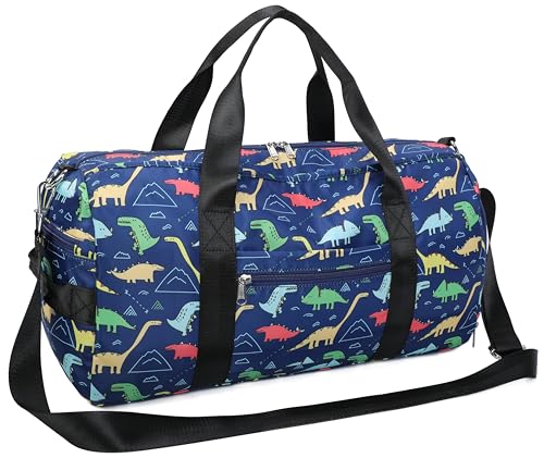 CAMTOP Kids Duffel Overnight Bag Boys Girls Toddler Weekender Carry-On Personalized Tote for Travel Gym Sport (B-Navy Dinosaur)