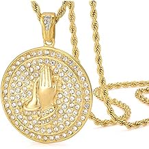 ROWIN&CO Iced Out Serenity Prayer Necklace with Praying Hands Coin Pendant for Men Women Courage Wisdom Religious Jewelry Hip hop Chain 24Inch.