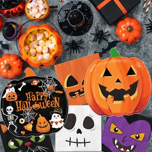 Halloween Party Supplies Kit Includes Pumpkin Shaped Disposable Plates, Napkins, Cups, Banner, Tablecloth for Halloween Birthday Baby Shower Decorations, Serves 24