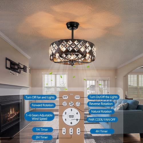 Dalouguan Caged Ceiling Fan With Light, 20" Black Crystal Enclosed Ceiling Fan With Lights And Remote, Industrial Bladeless Ceiling Fan For Living Room Bedroom Kitchen #TOP3
