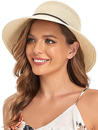 Sun Hat for Women, Womens Big Brim Straw Summer Beach Bucket Sun Hat Panama Uv Protection Sun Visor (One Size, Khaki, one_Size)