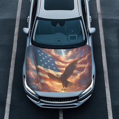 Image of Eagle American Flag Hood Cover for Cars SUVs Sedans Trucks, Waterproof Stretchable Auto Hood Wrap Blankets, Removable Auto Exterior Accessories (59x39 inches)