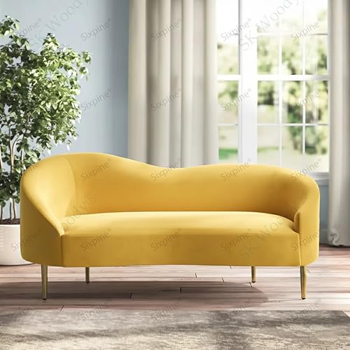 Image of Rosewood Luxury Curved Sofa in Premium Velvet-Fabric | Solid Wood Structure | High Density Foam | Sturdy Golden Legs | Comfortable & Stylish Couch for Modern Living Room (Yellow, 2 Seater)