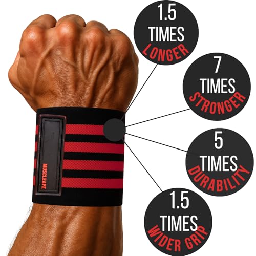 Image of Muscleape Wrist Wraps for Gym | SuperFabric Strength Support Straps for Heavy Lifting, CrossFit & Powerlifting | Adjustable Compression Wrist Support for atheletes- Superb Workout Wrist Stability & Protection. (Red-Black, 14 Inches)