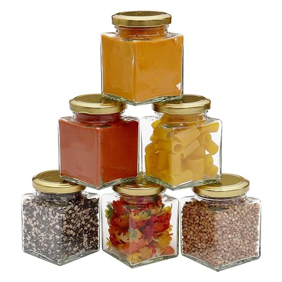 100ML Glass Square Pickle Clear Jars & Containers||for Kitchen Pantry,Snacks, Masala, Honey, Pickles,Cookies,Dry Fruits,and Coffee Beans Storage (Set Of 6)