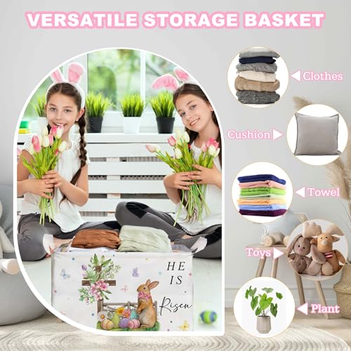 Image of Eggs Rabbit Easter Basket, Butterfly Bow Baby Gift Basket, Cross Flower Empty Toy Nursery Bin, Large Squarecanvas Laundry Hamper With A Waterproof PECoating, Foldable girlsToy Clothes Bins for Bedroom