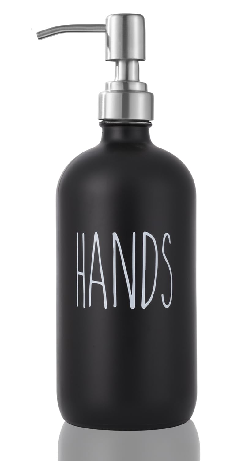 Glass Kitchen Soap Dispenser - Stainless Steel Pump, Thick Glass, Black, Sink &amp; Bathroom Use