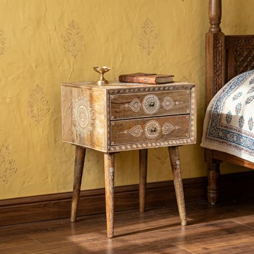Image of Wooden Bedside Table for Bedroom with 2 Drawers | Solid Wood Handpainted Bed Side Table with Drawers | Side Table for Living Room | Traditional Rajasthani Art (Natural)