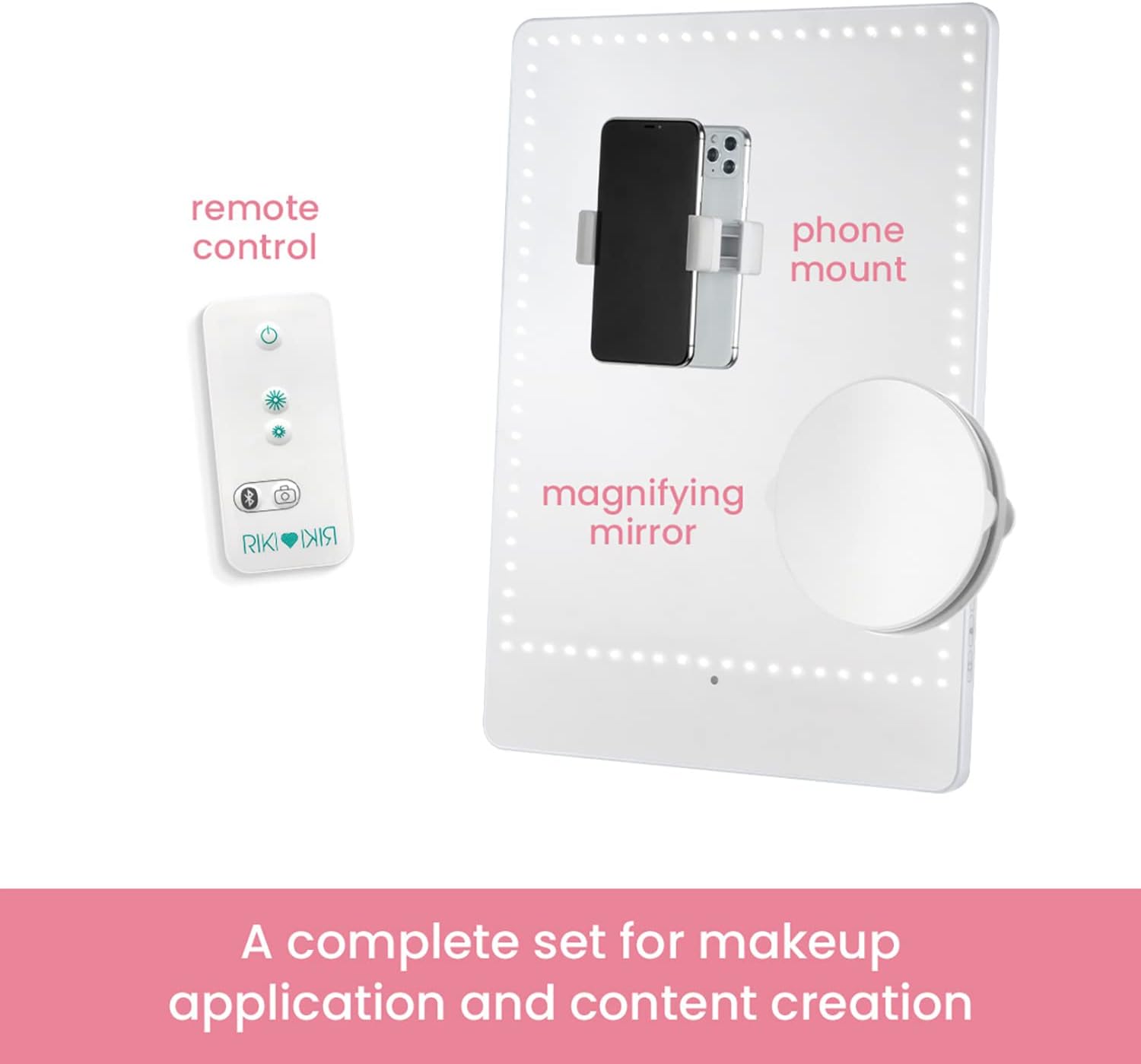 RIKI LOVES RIKI Pretty LED Makeup Mirror with Lights - Medium-Sized Lighted Makeup Mirror with 5X Magnifying Mirror, Smartphone Holder & Remote Control | Wall-Mountable, Bluetooth, & Selfie Function