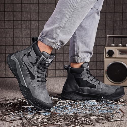 Image of Steel Toe Boots for Men Industrial Indestructible Work Slip Resistant Leather Construction Safety Shoes Grey Size 8.5