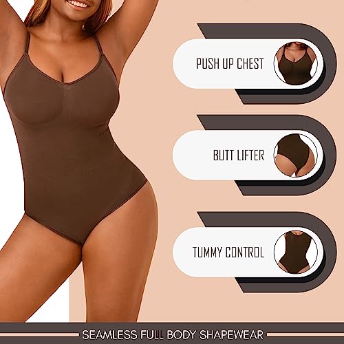 Seamless Bodyshaper Bodysuit For Women - Full Body Shapewear Body Sculpting Suits Sleeveless Round Neck Brown 3X-Large #TOP2